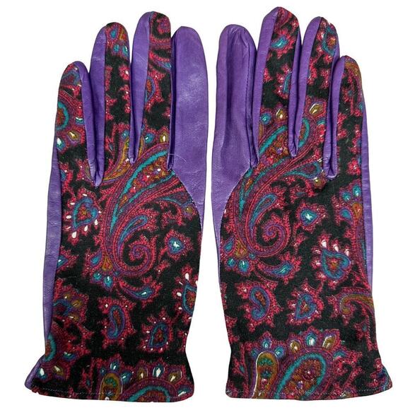 VTG Purple Leather /Paisley Fabric Gloves USA Womens Sz 8 L - Picture 1 of 4